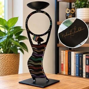 Signed Robert Shields Metal Candle Holder Hand Painted African Art Decor